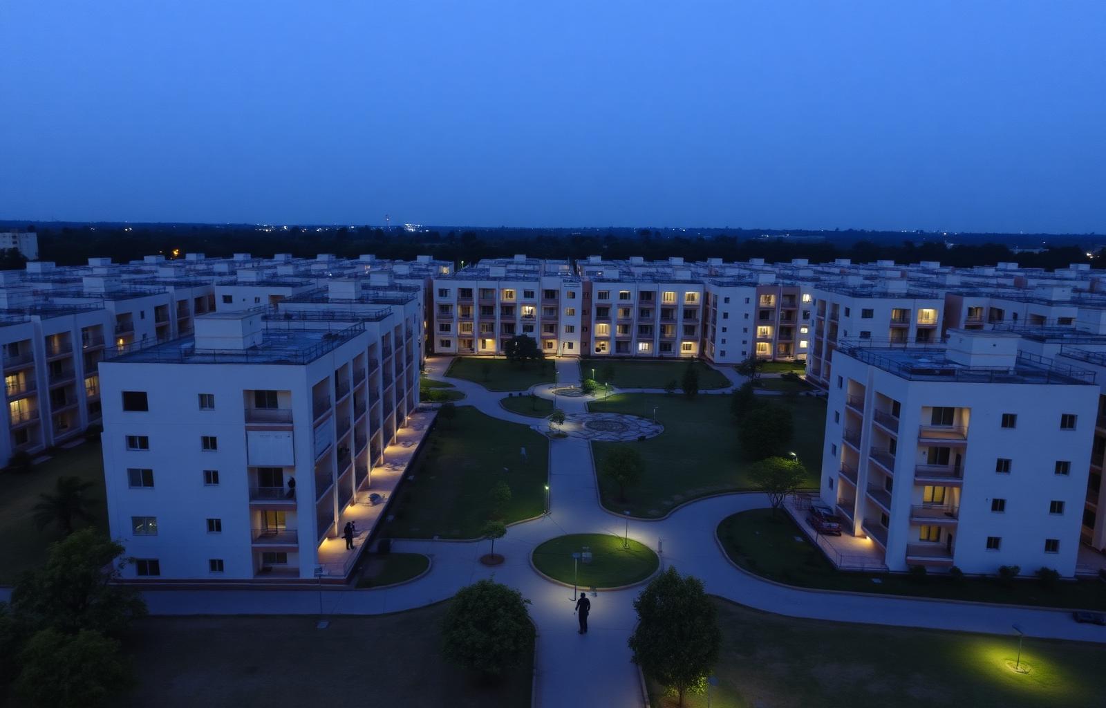 Aerial view of a modern, organized worker accommodation campus at dusk
