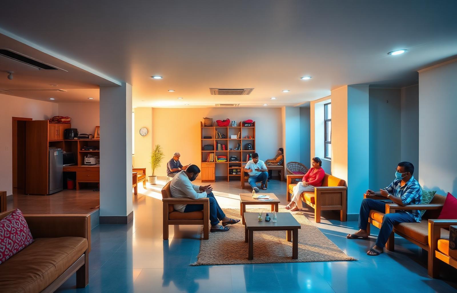 Workers relaxing in a bright, well-designed common area at a Nile accommodation