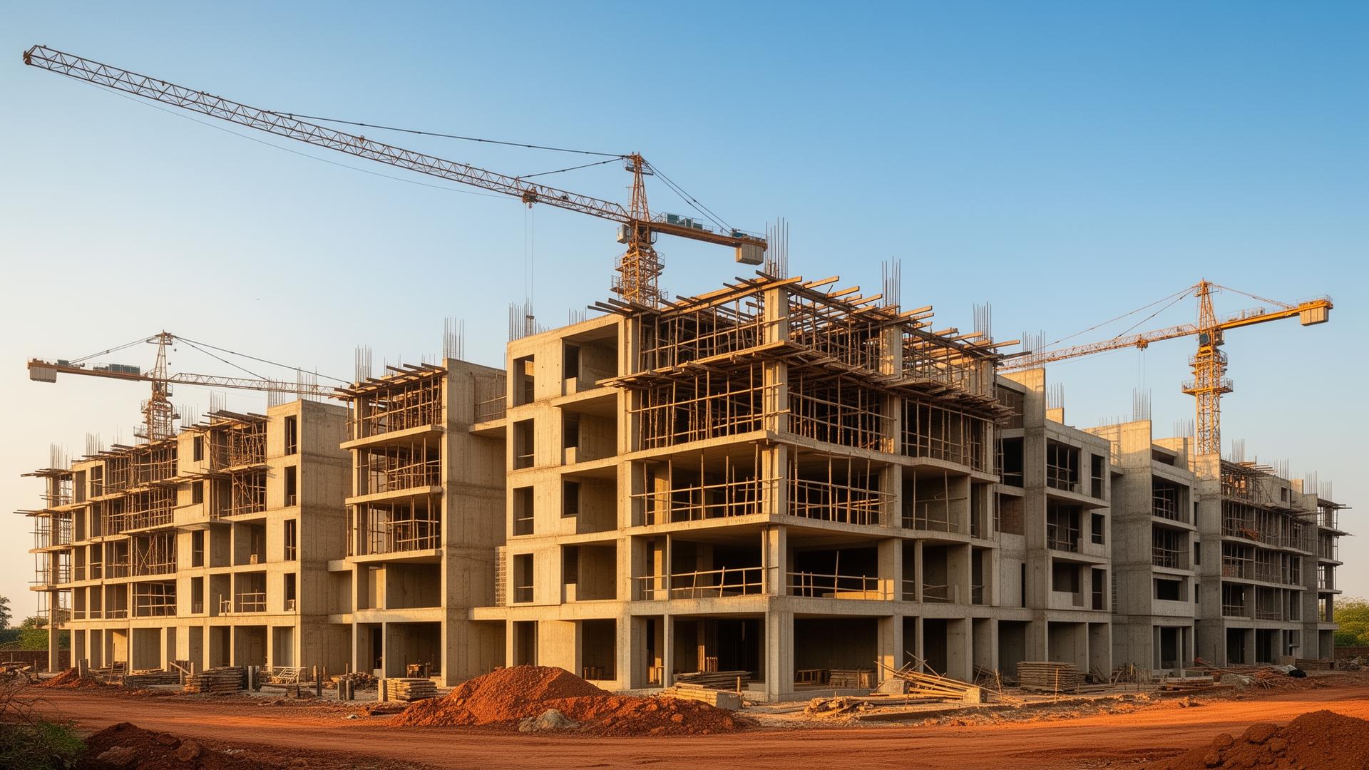 Construction of a worker housing building at sunrise